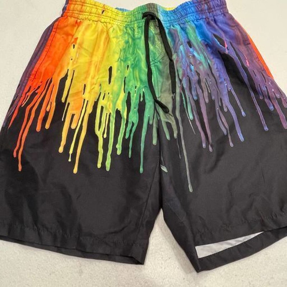 Unbranded Size M Mens Black Multicolor Shorts Drawstring Mesh Lined Swim Board